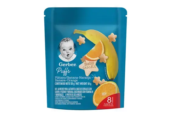 Gerber® Snacks puffs® etapa 4 Plátano Naranja Gerber Snacks puffs etapa 4 Plátano Naranja